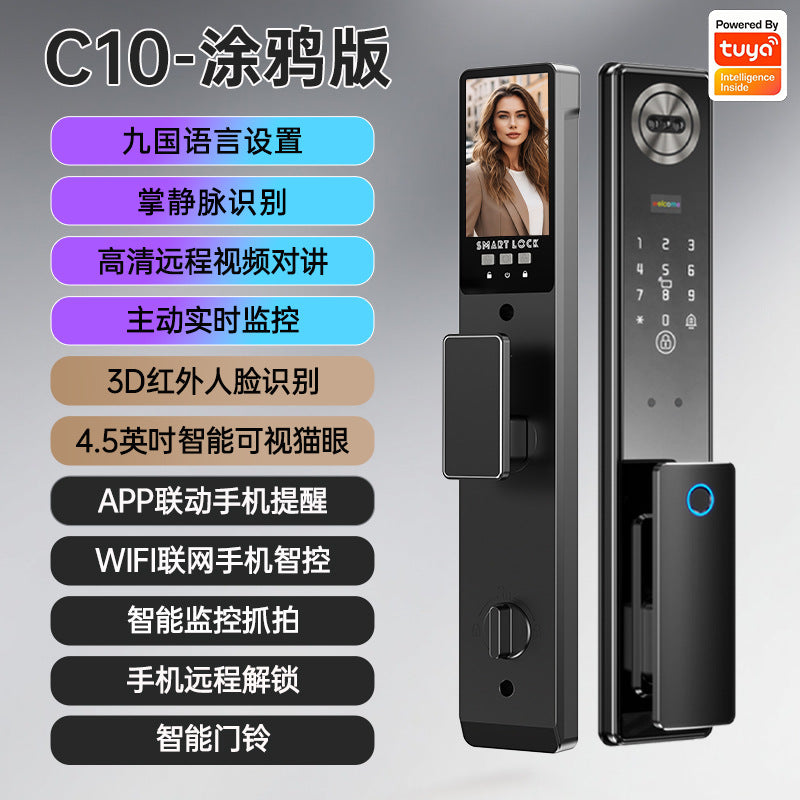 foreign trade graffiti fingerprint lock cnc carved anti-theft door password lock face recognition smart door lock electronic lock