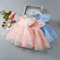 Girls' dress -  summer new arrival: elegant bubble sleeve sweet floral print mesh princess dress for kids