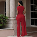European and american style solid color women's ruched tie-up asymmetrical yoga jumpsuit wide leg high neck one-shoulder bodysuit