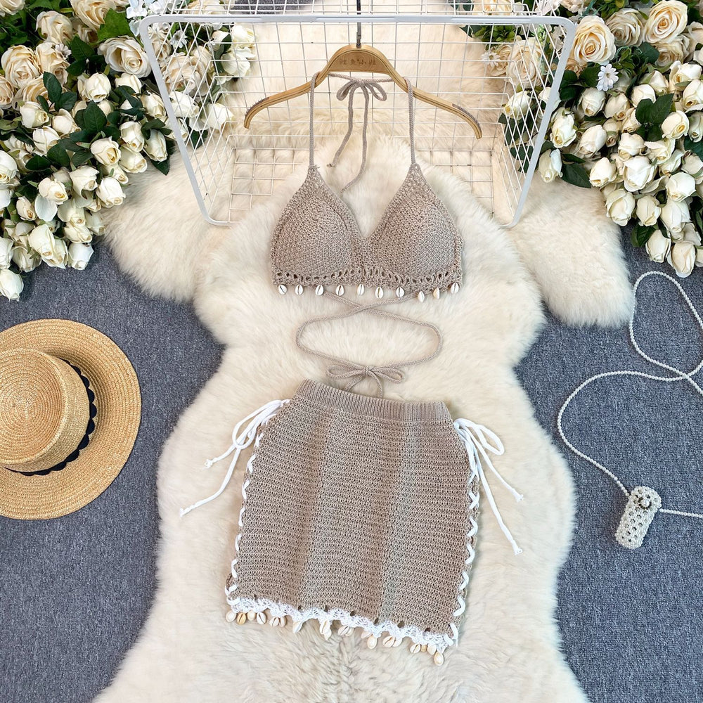 Beach vacation bikini set - women's versatile tassel halter top & knit midi skirt two-piece