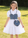 european and american style girls' cross-border shirt dress, vest design, with heart-shaped bag three-piece set for older girls