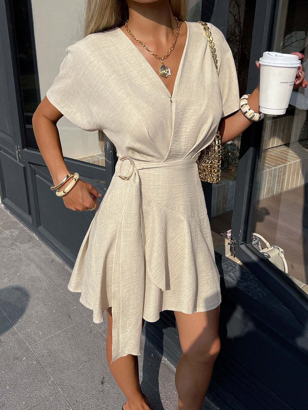 fashiongentle style v-neck dress waist slimming lookasymmetrical skirt nichesense of design short skirt