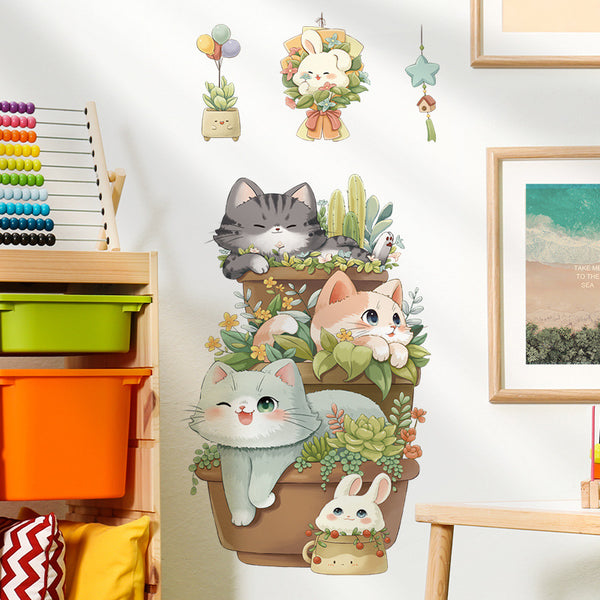 1 cute animal children's room decorative sticker cartoon cat potted plant bathroom sticker  wholesale wall sticker