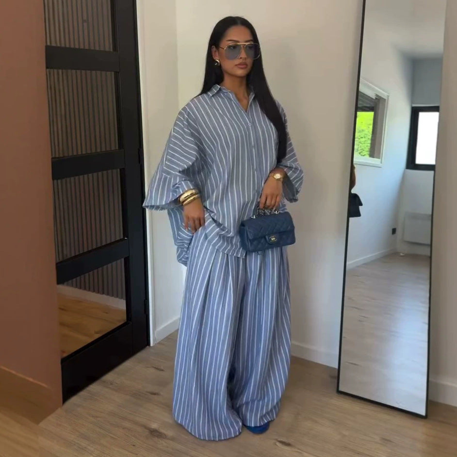 European and american cross-border women's clothing  summer new fashion loose plus size striped shirt wide leg pants casual set