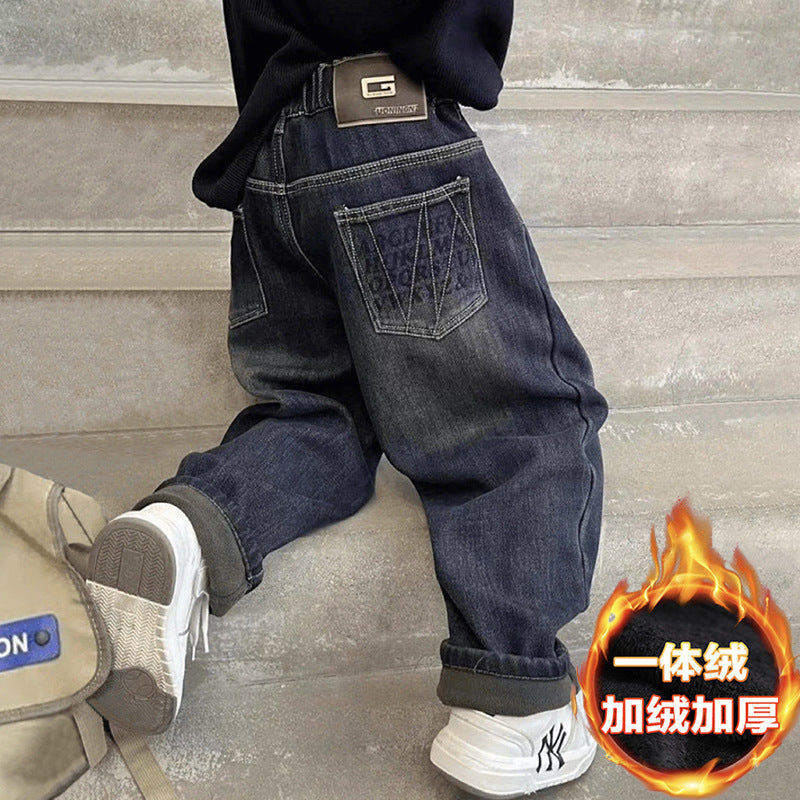 Boys' jeans spring collection - spring/autumn style  new arrival - mid-to-large size children's korean style fleece-lined thickened trousers