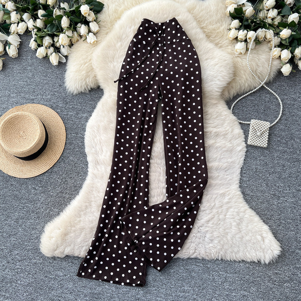 K-stylehigh waist polka dot lazy feeling strappystraight-leg pants for women  spring summer lazy styleslimming lookelegantcasual pants