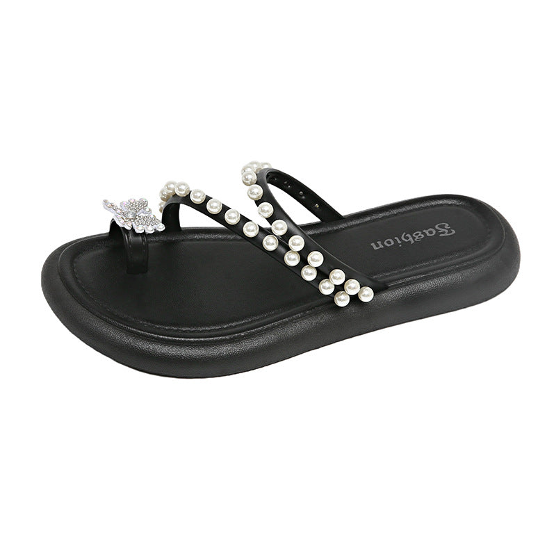 Women's flat sandals - new summer collection: casual, fairy-tale style with pearl and butterfly detail, open-toe design, fashionable beach sandals, versatile and stylish