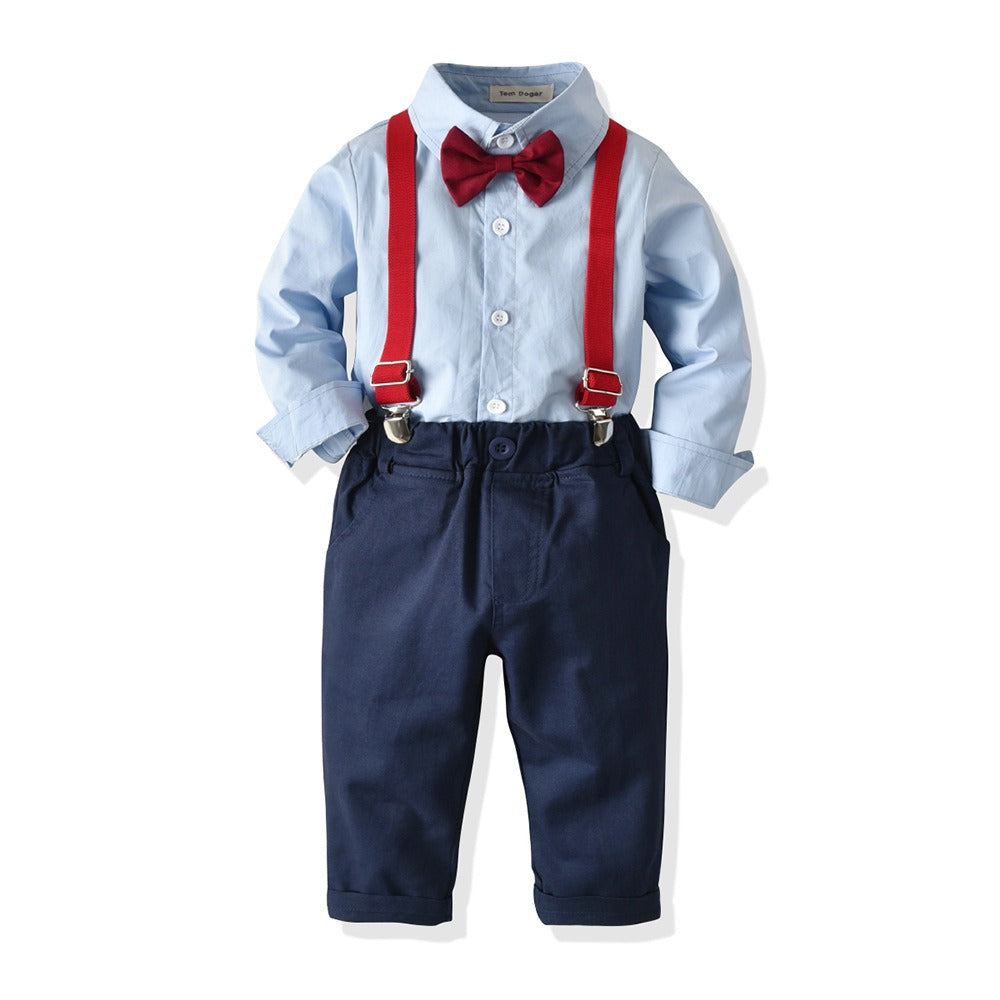 children's clothing, boys' spring and autumn suit, long sleeves, shirt, overalls, gentleman's dress, two-piece set, boys' first birthday dress