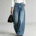 Fashionjeans women's side multi-breasted sense of design loose pants washed blue loosedrapedmop denim pants