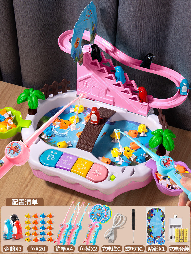 Magnetic levitation track electric fishing children's early education puzzle can add water sliding music fishing table toys boys and girls