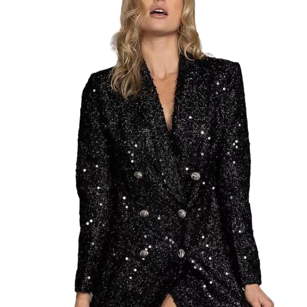 new arrivalfashionfashion socialite v-neck elegant suit outwear double-breasted black sequin silmlongtops