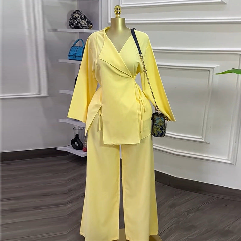 European and american women's clothing  autumn new collection: sweet and fresh v-neck long sleeve shirred waist blouse and high-waisted straight-leg pants two-piece set