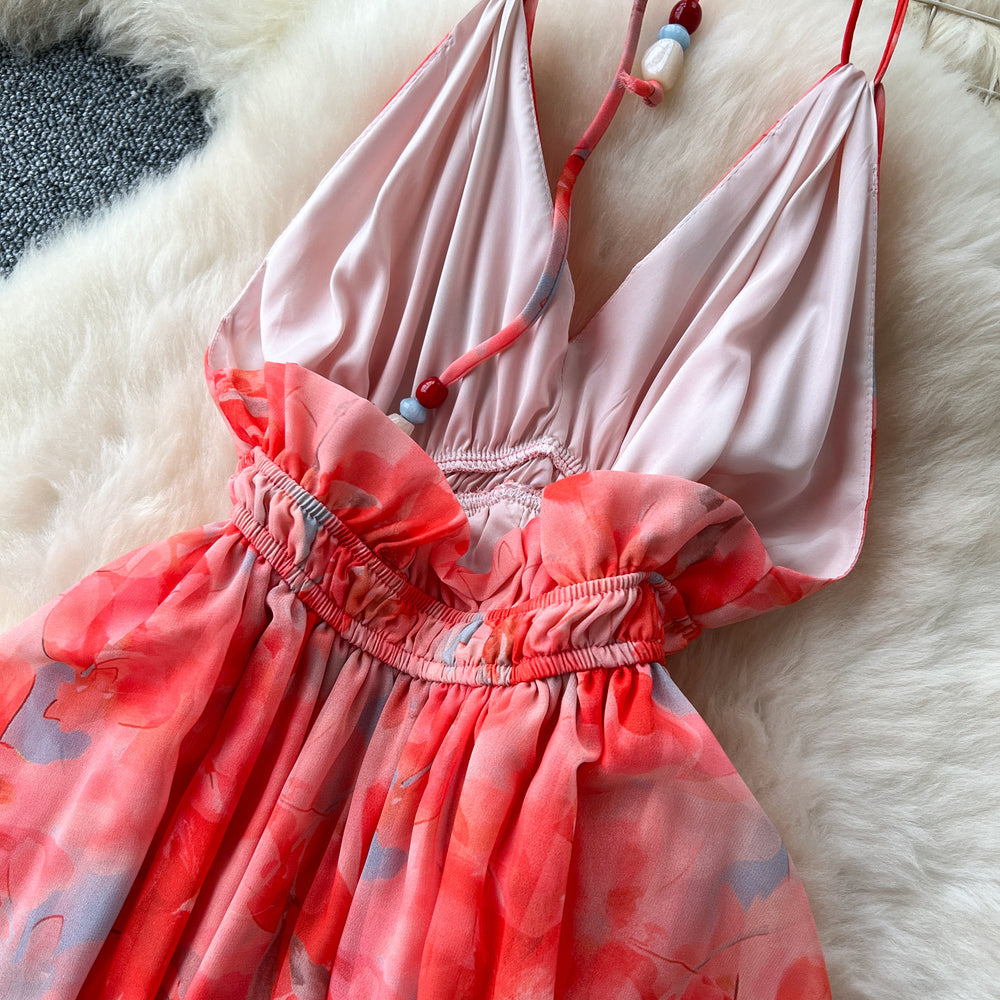 Frenchsexy deep v neck halter dress women's summer waist elegant ruffles large swing printing long skirt