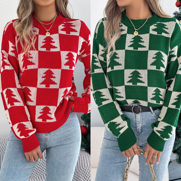 Real shot 2025 autumn and winter European and American Christmas tree plaid lantern long-sleeved pullover sweater,   women's clothing