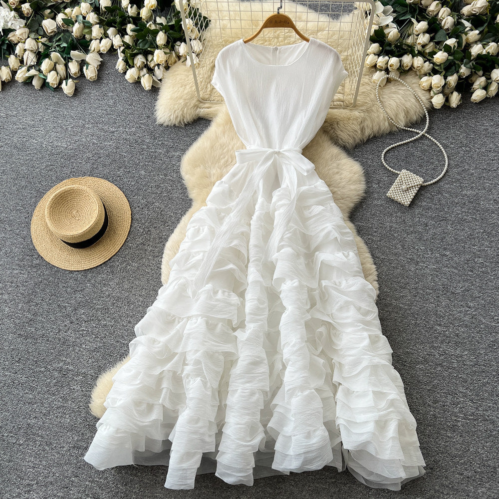 spring/summer new arrival: elegant solid color round neck sleeveless dress - loose fit, tie-waist, multi-layered ruffle maxi dress