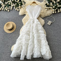 spring/summer new arrival: elegant solid color round neck sleeveless dress - loose fit, tie-waist, multi-layered ruffle maxi dress