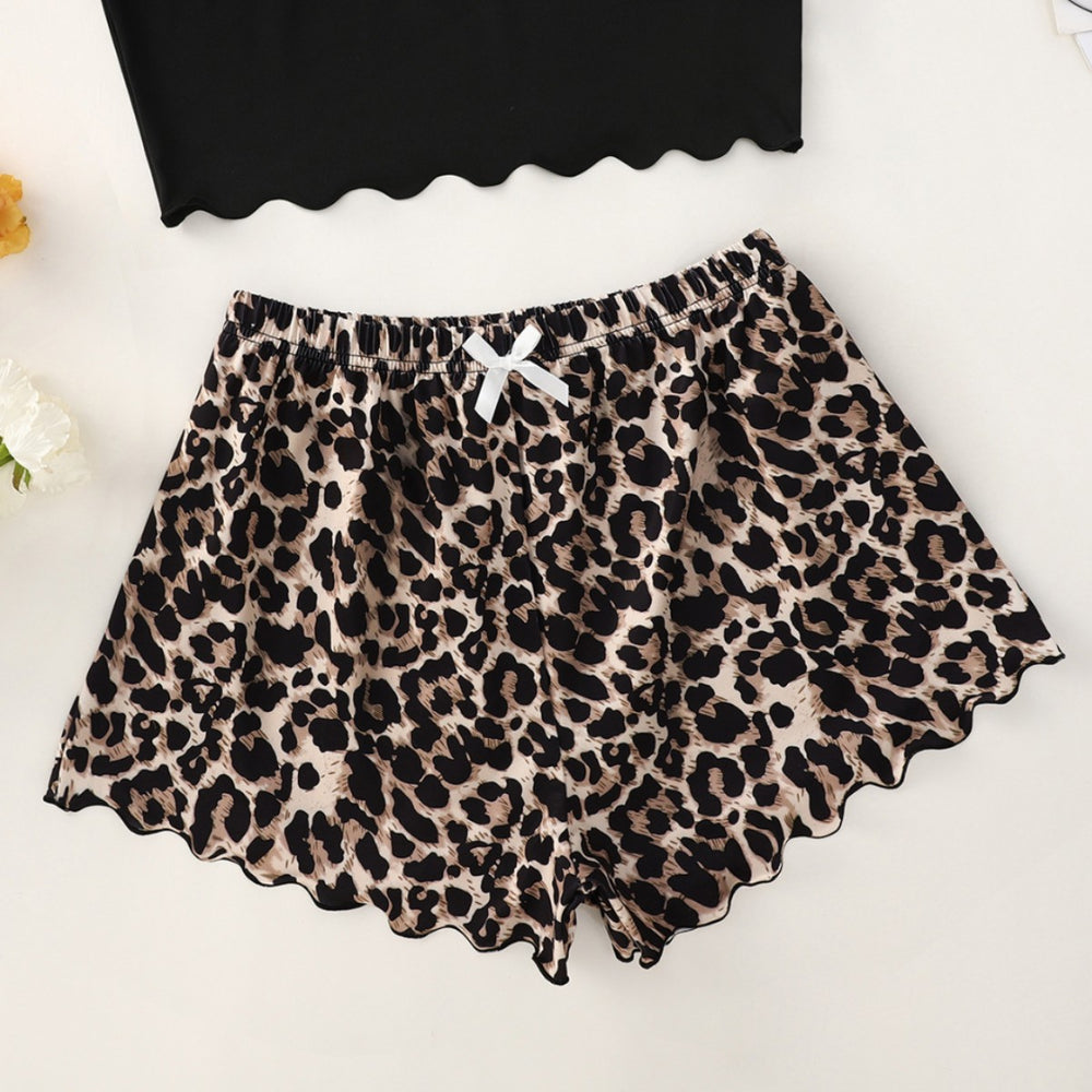 New "honey" letter print cami top and leopard print shorts loungewear set