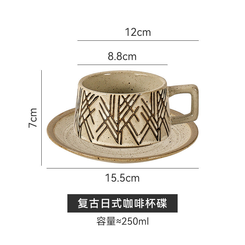 Vintage stoneware underglaze coffee cup and saucer set - ceramic drinking cup - office milk tea cup - high-style terracotta tea cup
