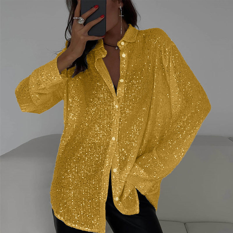 spring/summer new european and american style sequin top, collared long sleeve cardigan, basic cross-border women's blouse jacket