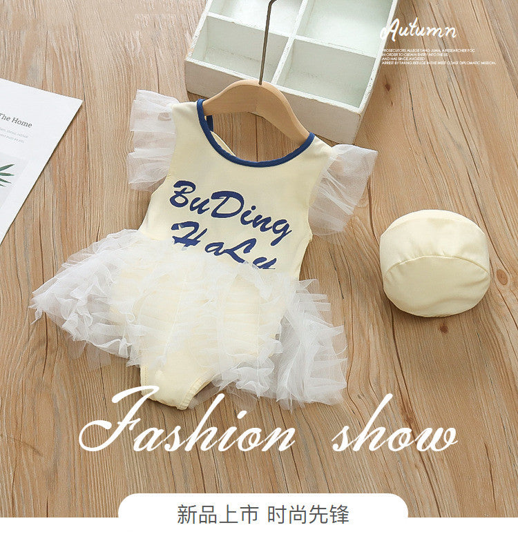 Korean-style ins baby girl swimsuit - cute puffy one-piece mesh swimwear for toddlers and young girls