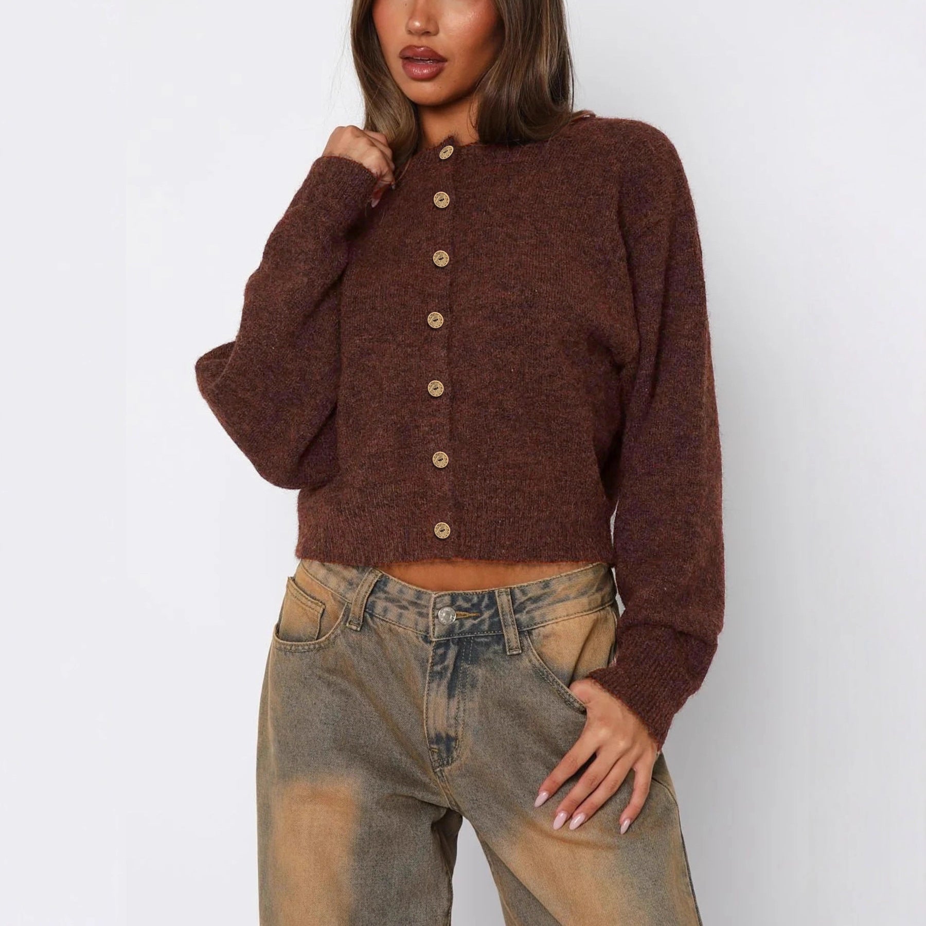 Cross-border Europe, America and 2025 autumn new sweater women's long-sleeved button-up versatile crew neck knitted cardigan jacket women