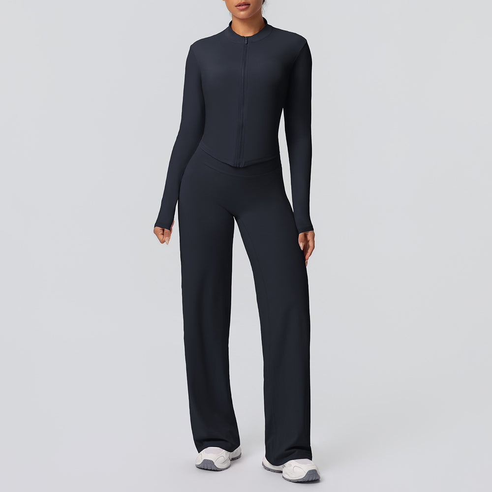 High-waisted, wide-leg, straight-leg pants with a cloud-like feel, quick-drying, zippered jacket, yoga outfit, outdoor casual running fitness sportswear set