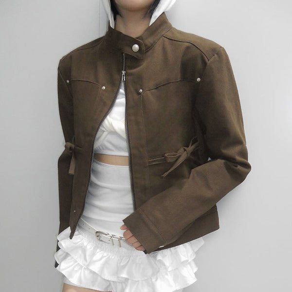 Vintage American street style women's stand-up collar jacket silhouette bow tooling pocket top autumn and winter slim jacket