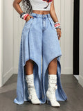 European and american style women's high-waisted, asymmetrical, wide-leg jeans - washed, spicy girl, unique design, cross-border sourcing