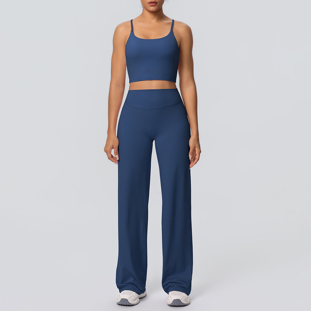 Sexy strappy back sports bra set with high-waisted wide-leg straight-leg yoga pants - perfect for outdoor leisure, running, and fitness