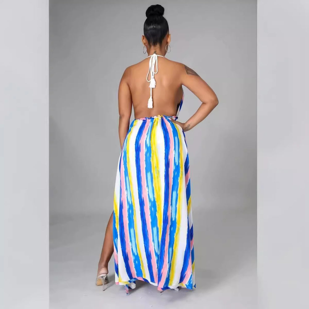 spring european and american cross-border  foreign trade lace-up sexy fashion patterned shorts backless halter two-piece set