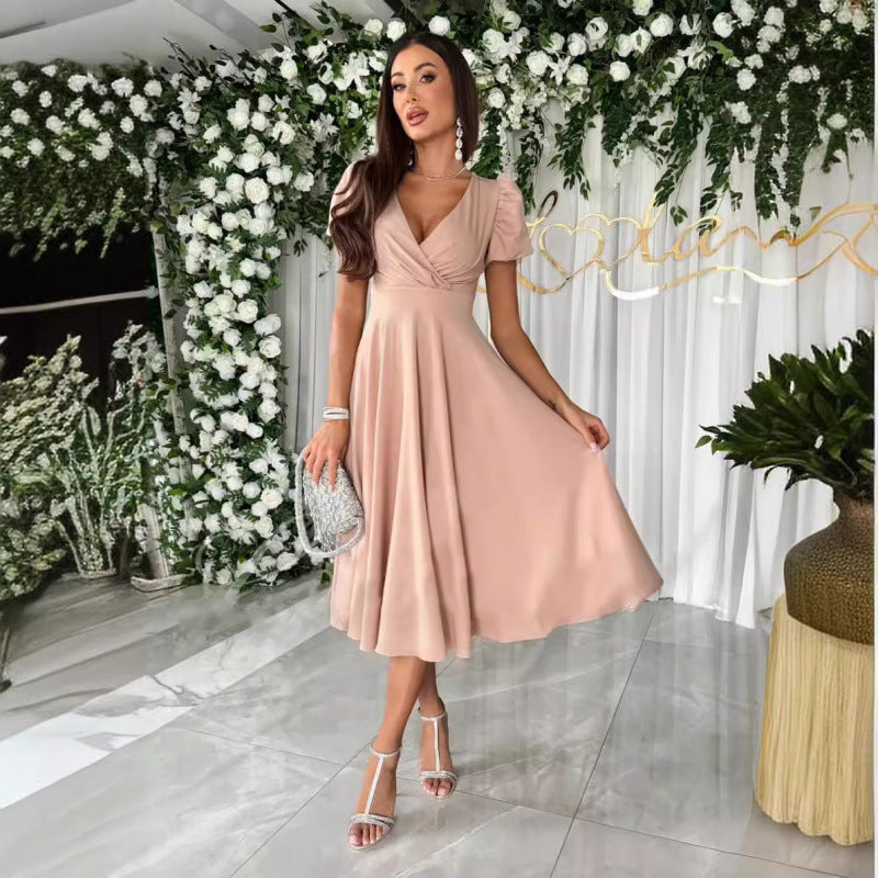 e-commerce   summer new arrival: solid color deep v-neck, cinched waist, puff sleeve, a-line maxi dress