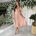e-commerce   summer new arrival: solid color deep v-neck, cinched waist, puff sleeve, a-line maxi dress