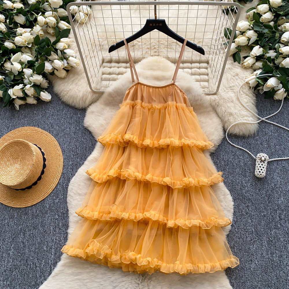 Qianjinfeng cake skirt suspender dress for women summer heavy industry fungus edge multi-layered ruffles age-reducing fairy dress