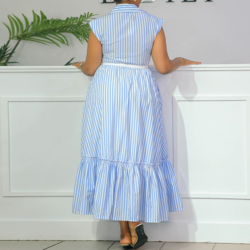 European and american cross-border women's fashion:  autumn new arrival - elegant lapel blue striped short-sleeve irregular hem shirt dress
