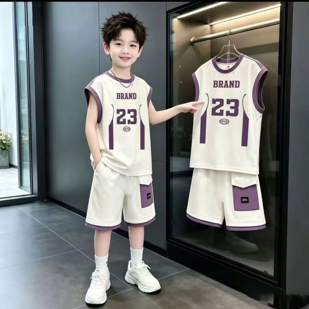 Boys' summer outfit set  new style kids sleeveless tank top clothes middle school students summer fashionable sports two-piece set