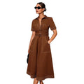 fashionautumretro lapel casualpatchwork button flap pocket pants design silm short-sleeved dress