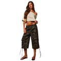 Fashionjeans women's camouflage drawstring waist three-quarter workwear american multi-flap pocket pants side drawstring jeans