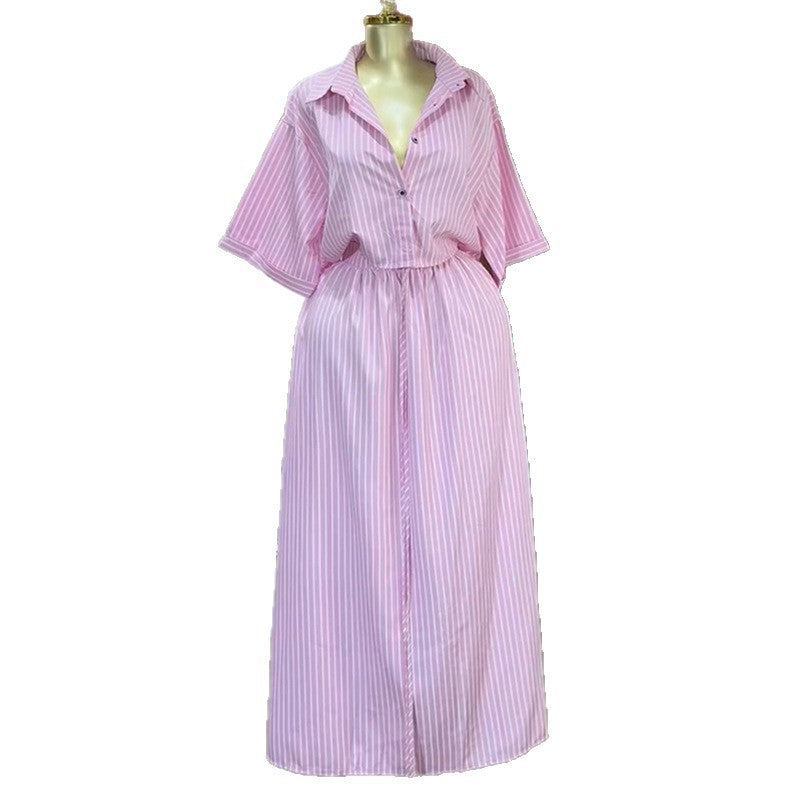 European and american cross-border women's fashion:  autumn new collection - stylish striped short-sleeve shirt with tie-front skirt set