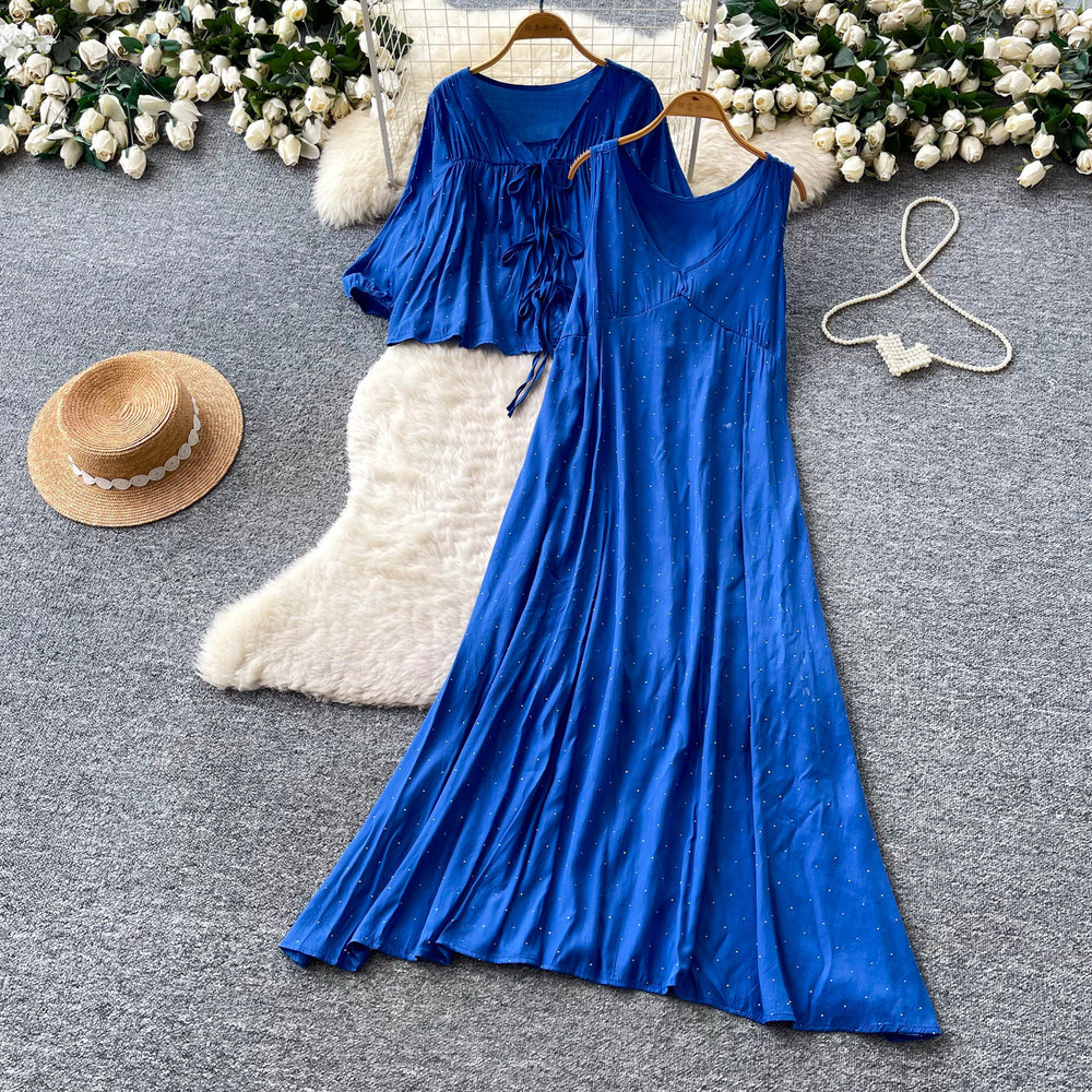 Vacation-style rose red sequin bodycon two-piece set for women,  autumn commute chic outfit, versatile style