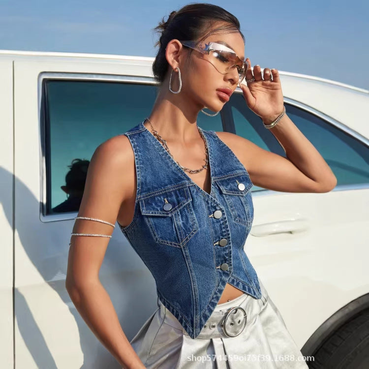 Amazon tiktok pinduoduo foreign trade cross-border denim vest women's waist slimming look irregular hem summer