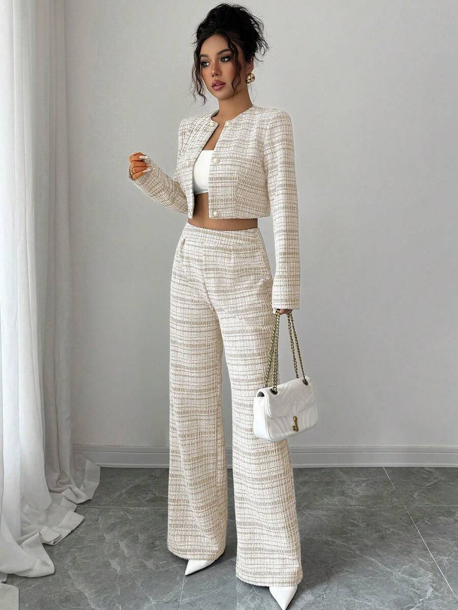 Versatile retro houndstooth elastic high-waisted wide-leg casual pants for women - autumn/winter loose fit, drapey, floor-length straight-leg trousers