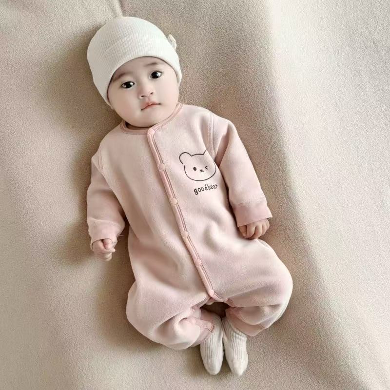 Men's and women's long sleeves baby outing clothes rompers fall and winter baby heattech jumpsuit cartoon fleece-lined khaki kids clothes
