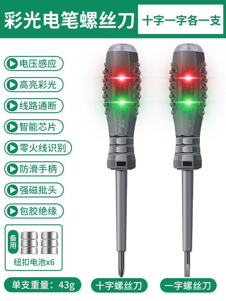 Electrician's multifunctional test pen - household use, cross & slotted, led breakpoint detection, rubberized grip, inspection with magnetic screwdriver
