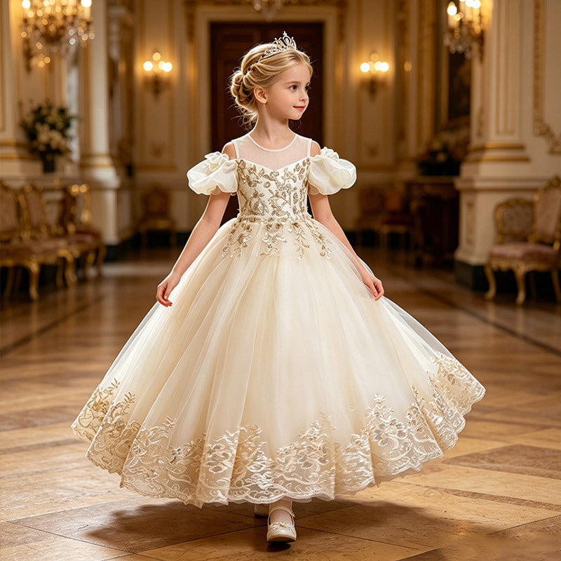 fashion style girl dress off-shoulder accessible luxuryretro palace flower girl wedding dress catwalk kids princess dress in stock