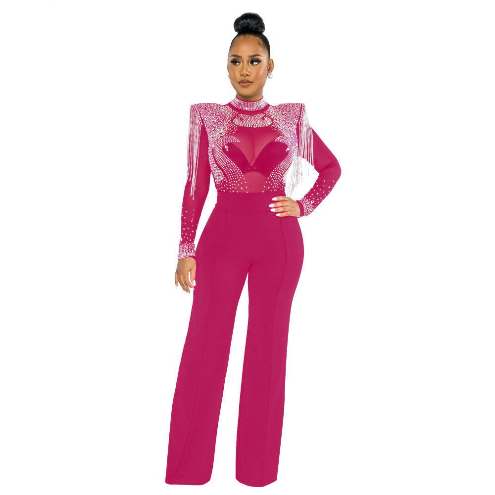 CY9232B Europe, America, , fashionable and sexy casual slim-fitting turtleneck perspective hot diamond fringed jumpsuit women