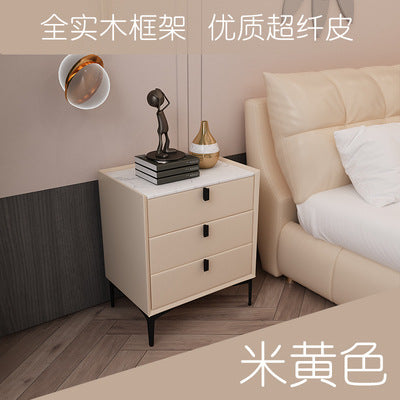 Ready-to-ship, modern, minimalist faux leather bedside table with three drawers, italian-style high-end, popular bedroom solid wood nightstand