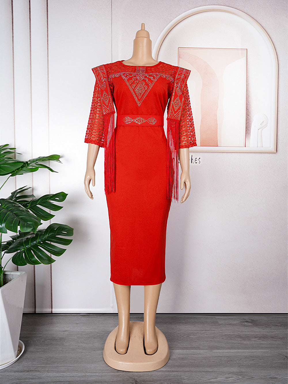 African plus size women's olwork clothing hip skirt fashionexport lace tassel patchwork round neck dress