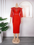 African plus size women's olwork clothing hip skirt fashionexport lace tassel patchwork round neck dress
