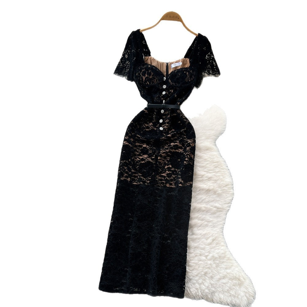 French high-end women's dress -  autumn fashion square neck button-down tie waist short sleeve flocked lace maxi dress