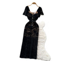 French high-end women's dress -  autumn fashion square neck button-down tie waist short sleeve flocked lace maxi dress